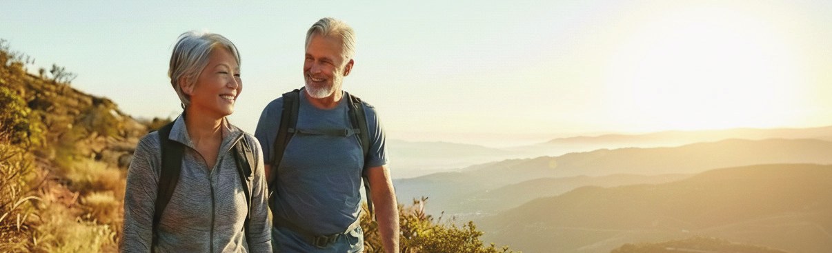 Two older adults enjoying a hike together in the hills.